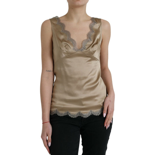 Dolce & Gabbana Brown Lace Trim V-neck Sleeveless Tank Top Dolce & Gabbana
