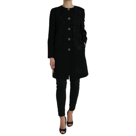 Dolce & Gabbana Black Floral Wool Button Embellished Jacket 1728,67345645728,Black,Clothing,Dolce & Gabbana,IT38 | XS,Jackets & Coats - Clothing,Jackets & Coats - Women - Clothing,Material: 99% Virgin Wool 1% Elastane,New with tags,Trench Coats - Jackets