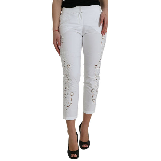 Dolce & Gabbana White Cut Out Cotton Mid Waist Cropped Pants