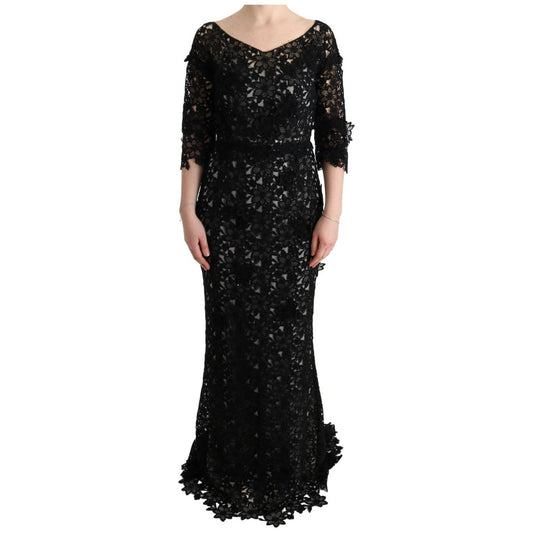 Dolce & Gabbana Black Cotton Silk Floral Long Dress