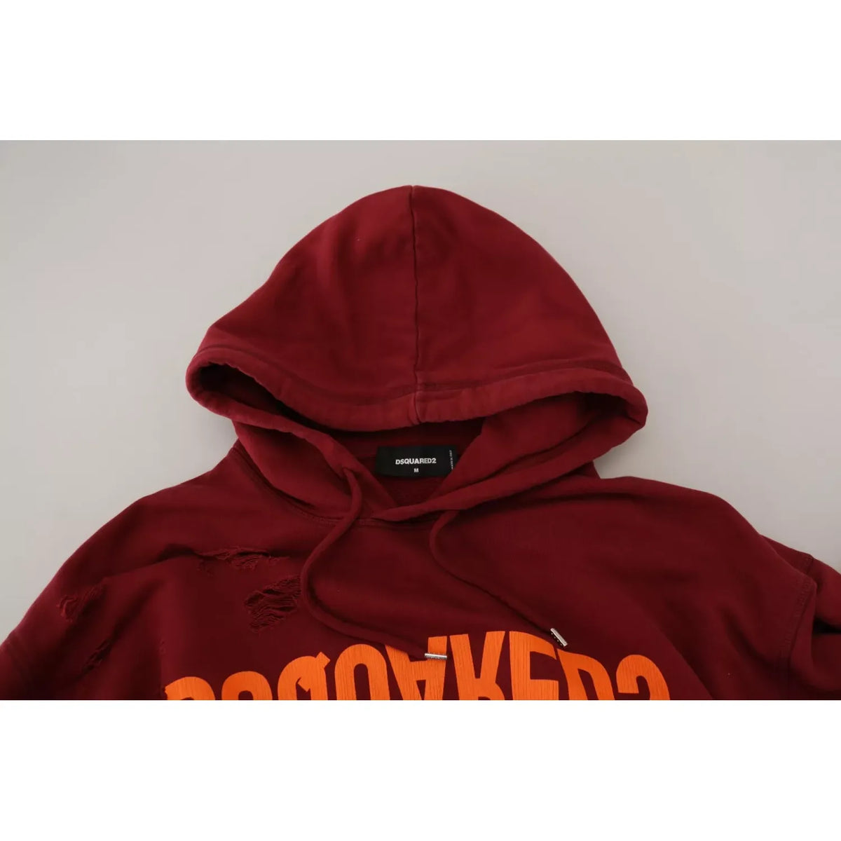 Dsquared² Maroon Cotton Tattered Hooded Printed Pullover Sweater