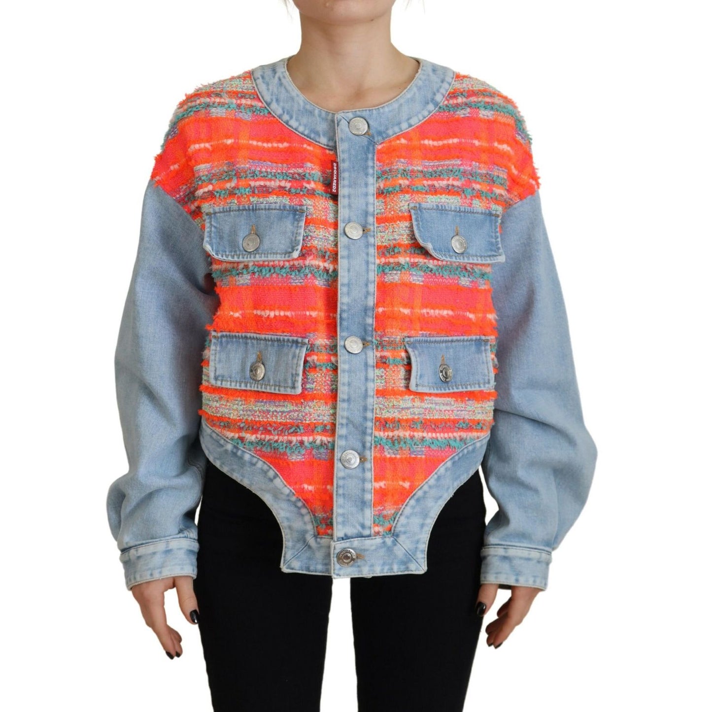 Dsquared² Orange Blue Panelled Button Front Denim Jacket 1728,67345645728,Clothing,Denim Jackets - Jackets & Coats - Clothing,Dsquared²,IT38 | XS,Jackets & Coats - Clothing,Jackets & Coats - Women - Clothing,Material: 32% Polyester 24% Acrylic 21% Nylon 2
