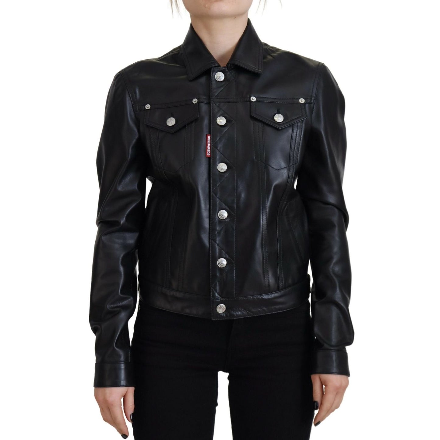 Dsquared² Black Leather Collared Long Sleeves Jacket 1728,67345645728,Black,Clothing,Dsquared²,IT38 | XS,Jackets & Coats - Clothing,Jackets & Coats - Women - Clothing,Leather Jackets - Jackets & Coats - Clothing,Material: 100% Leather,Preowned / Defect,Wo