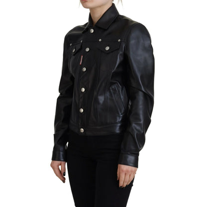 Dsquared² Black Leather Collared Long Sleeves Jacket 1728,67345645728,Black,Clothing,Dsquared²,IT38 | XS,Jackets & Coats - Clothing,Jackets & Coats - Women - Clothing,Leather Jackets - Jackets & Coats - Clothing,Material: 100% Leather,Preowned / Defect,Wo