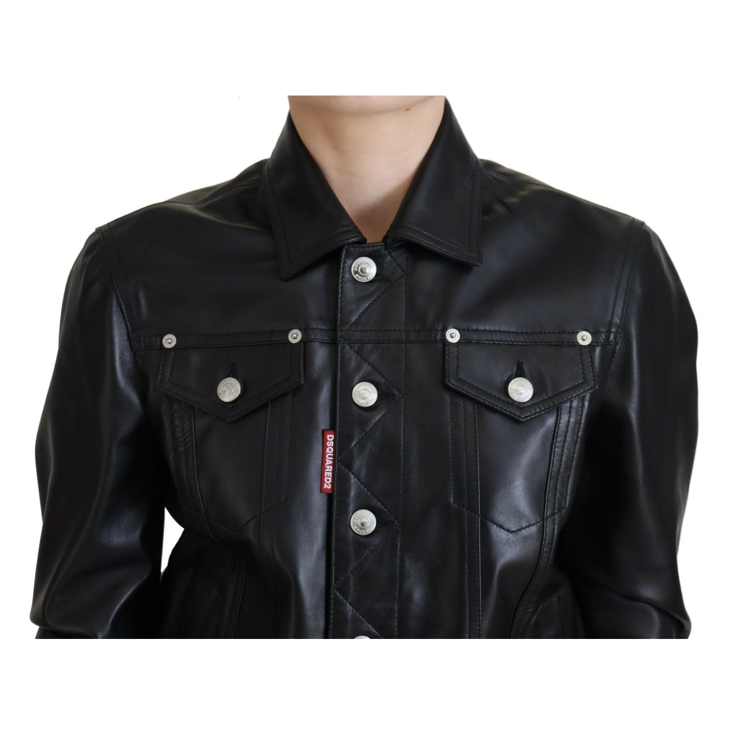 Dsquared² Black Leather Collared Long Sleeves Jacket