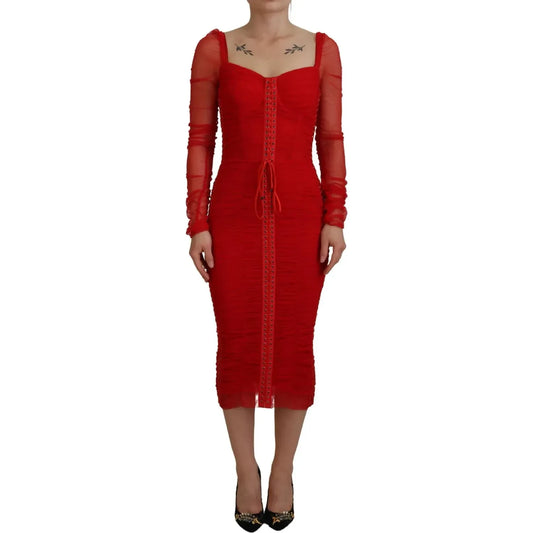 Dolce & Gabbana Red Mesh Trim Bodycon Sheath Midi Dress DR28904