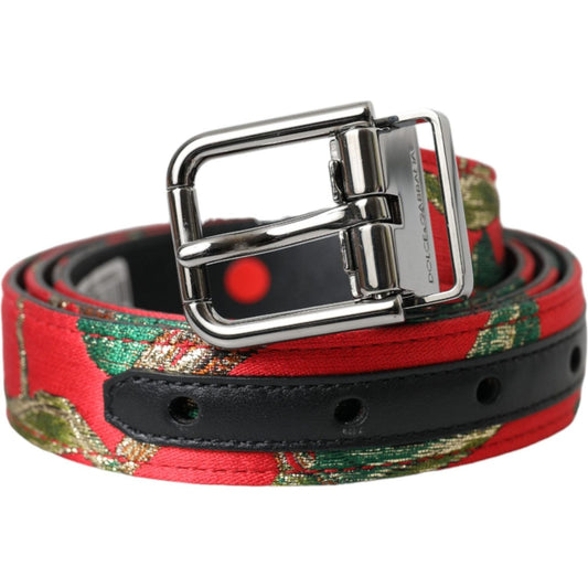 Dolce & Gabbana Red Leather Jacquard Silver Metal Buckle Belt BEL9221-90