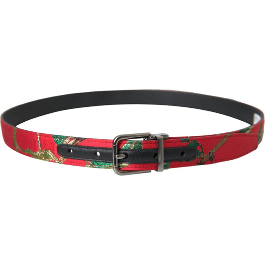 Dolce & Gabbana Red Leather Jacquard Silver Metal Buckle Belt BEL9221-90
