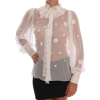 Dolce & Gabbana White Daisy Applique Silk Shirt