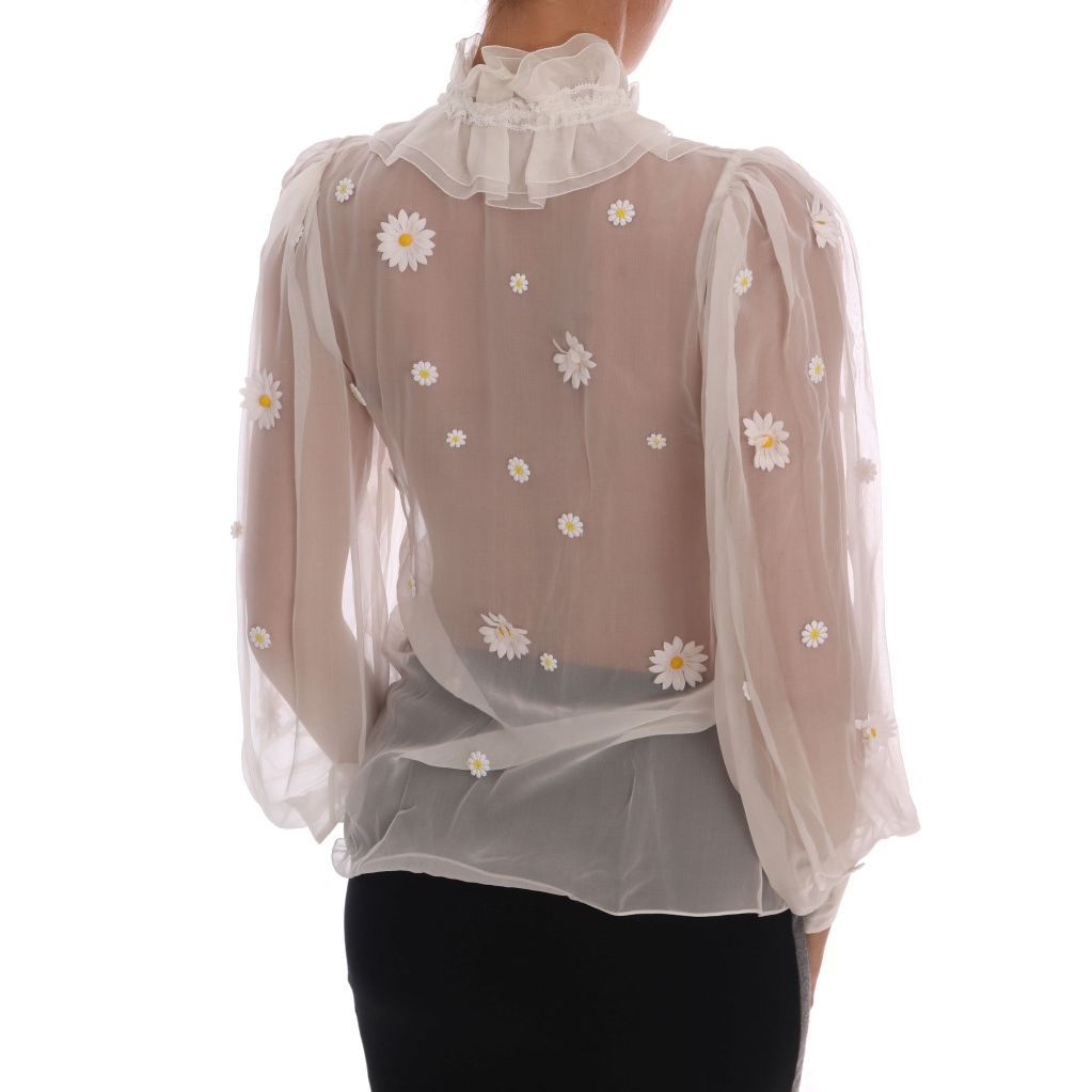 Dolce & Gabbana White Daisy Applique Silk Shirt
