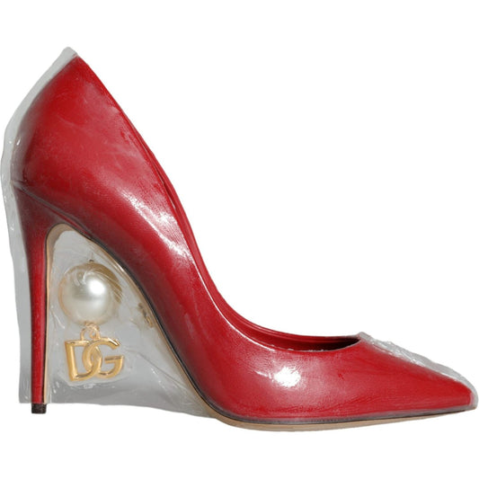 Dolce & Gabbana Red Patent Leather Faux Pearl Heels Pumps Shoes LA11283-36