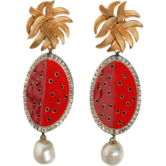 Dolce & Gabbana Red Watermelon Gold Brass Crystal Clip Dangling Earrings SMY10417
