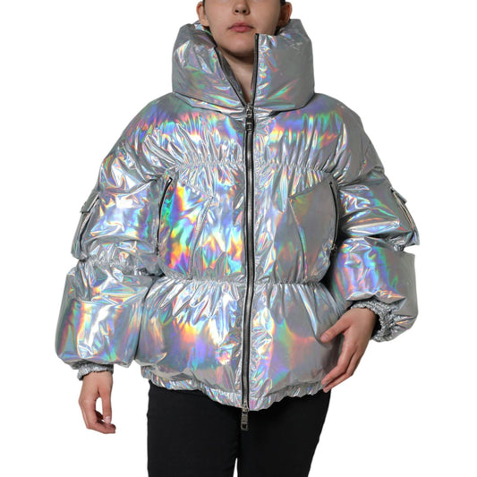 Dolce & Gabbana Silver Iridescent Puffer Full Zip Coat Jacket 1728,67345645728,Bombers - Jackets & Coats - Clothing,Clothing,Dolce & Gabbana,IT40|S,Jackets & Coats - Clothing,Jackets & Coats - Women - Clothing,Material: 100% Nylon,Preowned / Defect,Silver