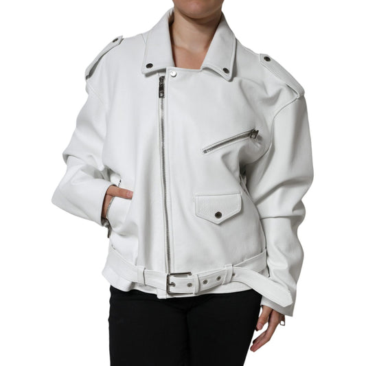 Dolce & Gabbana White Lambskin Leather Biker Coat Jacket 1728,67345645728,Biker Jackets - Jackets & Coats - Clothing,Clothing,Dolce & Gabbana,IT40|S,Jackets & Coats - Clothing,Jackets & Coats - Women - Clothing,Material: 100% Lambskin Leather,Preowned / D