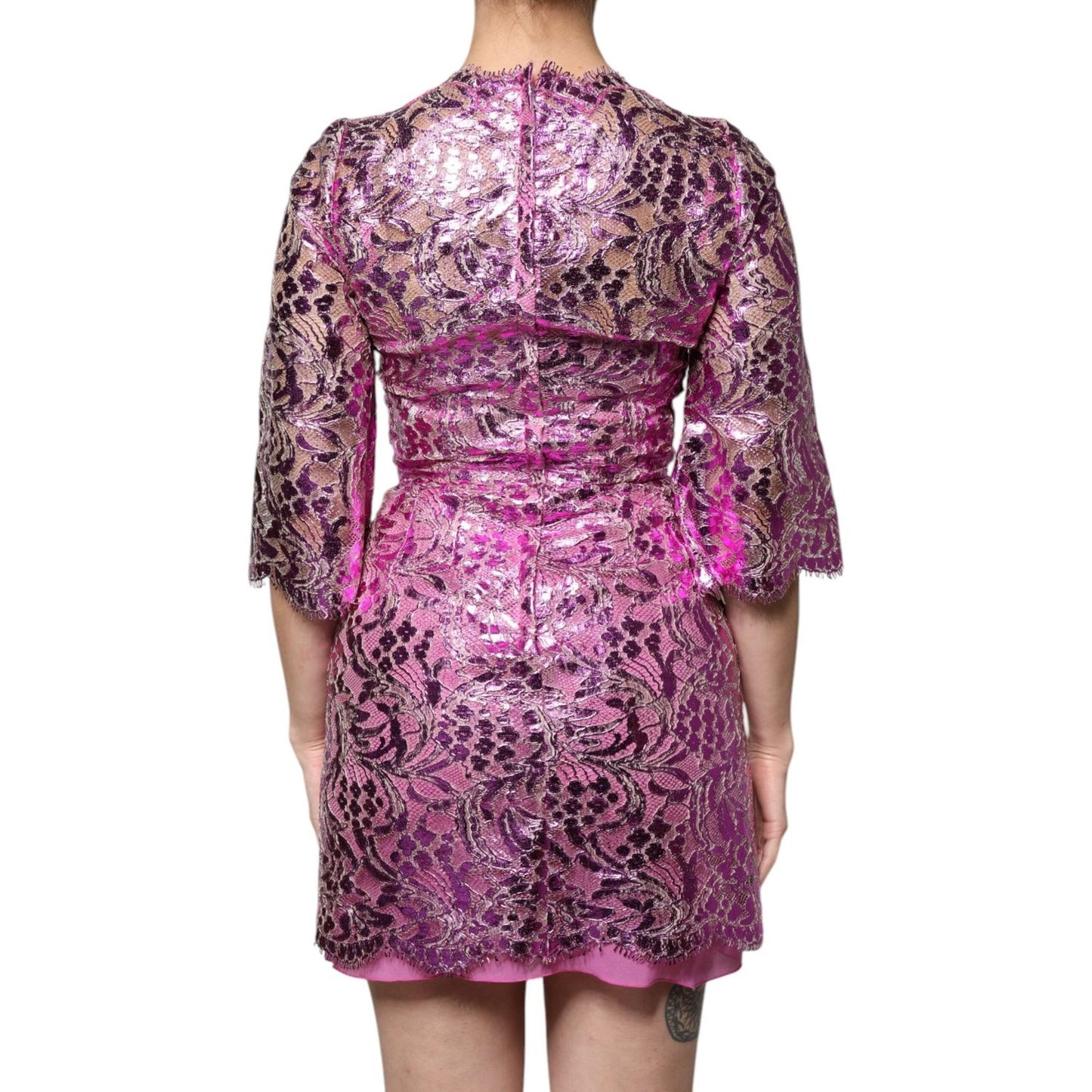 Dolce & Gabbana Metallic Fuchsia Floral Sheath Mini Dress DR281290-40