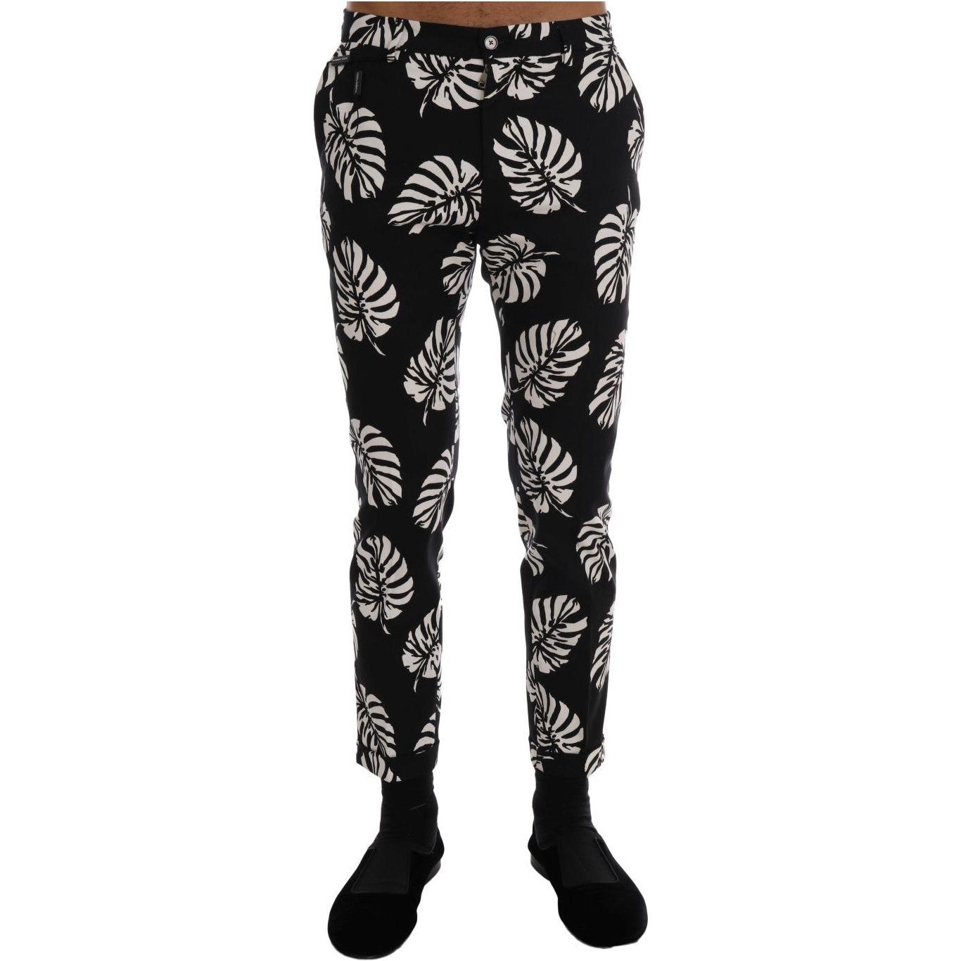 Dolce & Gabbana White Black Leaf Cotton Stretch Slim Pants Dolce & Gabbana