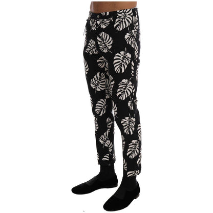 Dolce & Gabbana White Black Leaf Cotton Stretch Slim Pants Dolce & Gabbana