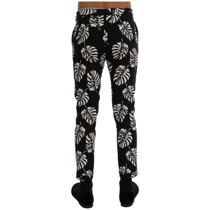 Dolce & Gabbana White Black Leaf Cotton Stretch Slim Pants Dolce & Gabbana