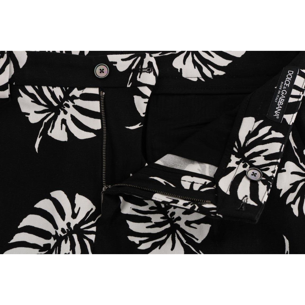 Dolce & Gabbana White Black Leaf Cotton Stretch Slim Pants Dolce & Gabbana