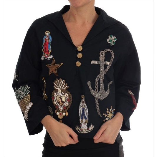 Dolce & Gabbana Blue Crystal MAMMA Sicily Jacket 1728,67345645728,Blue,Clothing,Coats - Jackets & Coats - Clothing,Dolce & Gabbana,IT36 | S,Jackets & Coats - Clothing,Jackets & Coats - Women - Clothing,Material: 100% Cotton,New with tags,Sweaters - Clothi