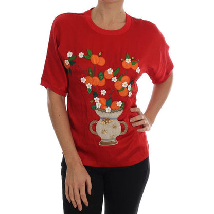 Dolce & Gabbana Red Silk Orange Vase Crystal Top