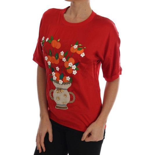 Dolce & Gabbana Red Silk Orange Vase Crystal Top TSH1754-3