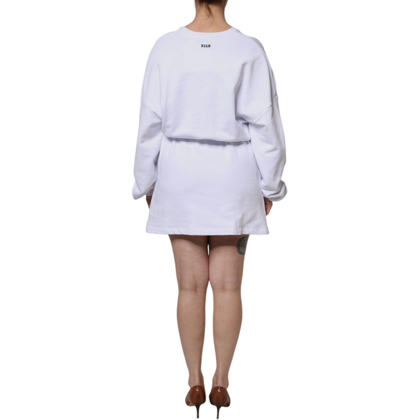 MSGM White Cotton Belted Long Sleeves Crew Neck Mini Dress