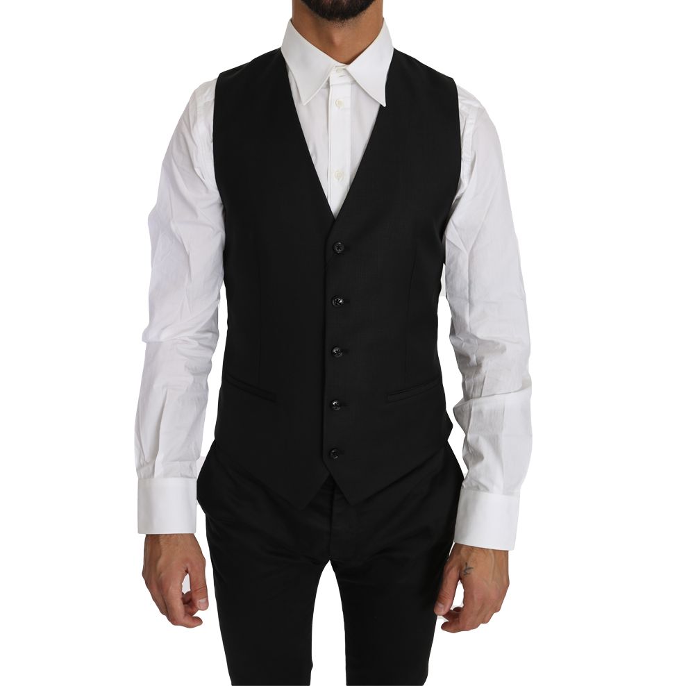 Dolce & Gabbana Black Solid Wool Silk Waistcoat Vest