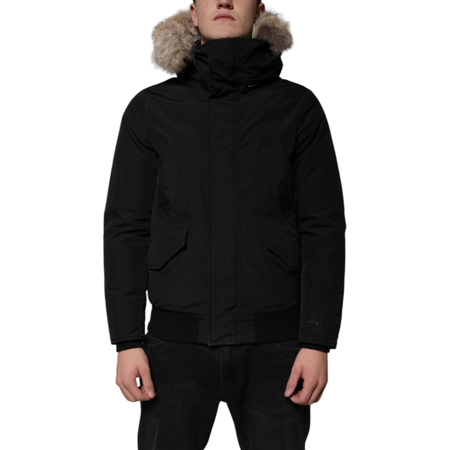 Woolrich Black Hooded Long Sleeves Fur Shearling Coat Jacket