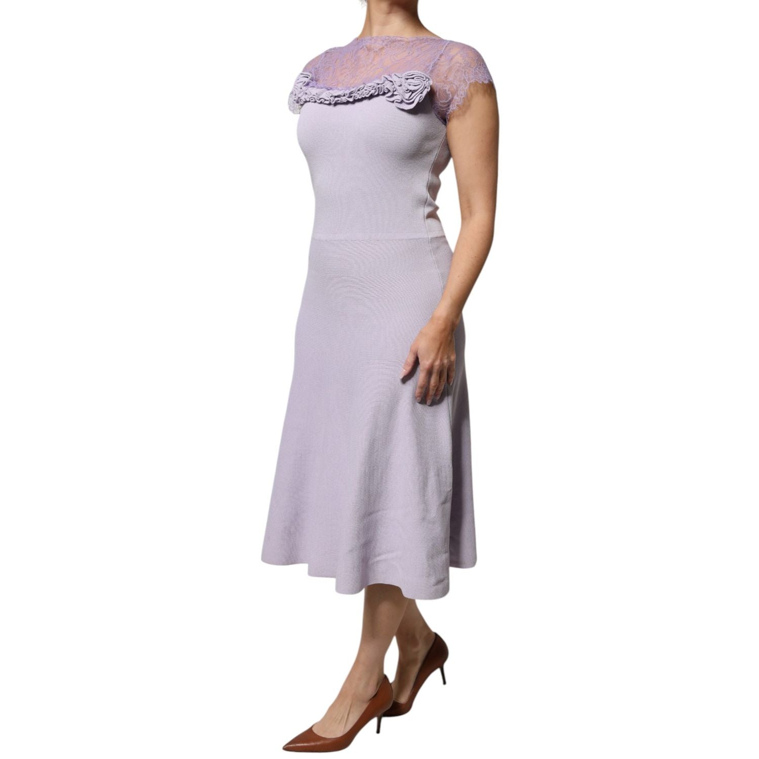 Blumarine Purple Short Sleeves Floral Lace Trim A-line Midi Dress