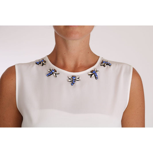 Dolce & Gabbana White Silk Crystal Embellished Fly T-shirt TSH2344-40