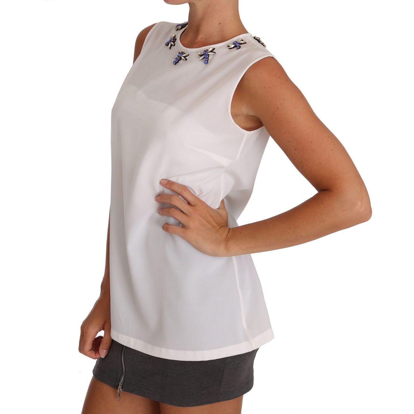 Dolce & Gabbana White Silk Crystal Embellished Fly T-shirt TSH2344-40