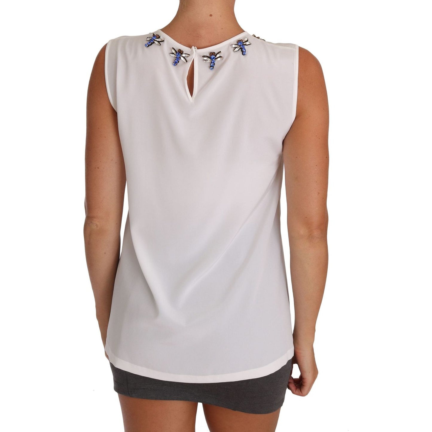 Dolce & Gabbana White Silk Crystal Embellished Fly T-shirt TSH2344-40