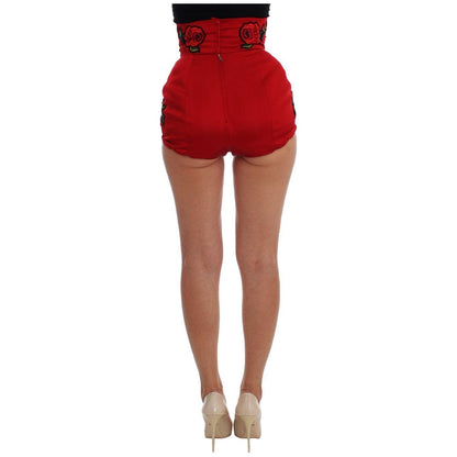 Dolce & Gabbana Red Silk Crystal Roses Shorts