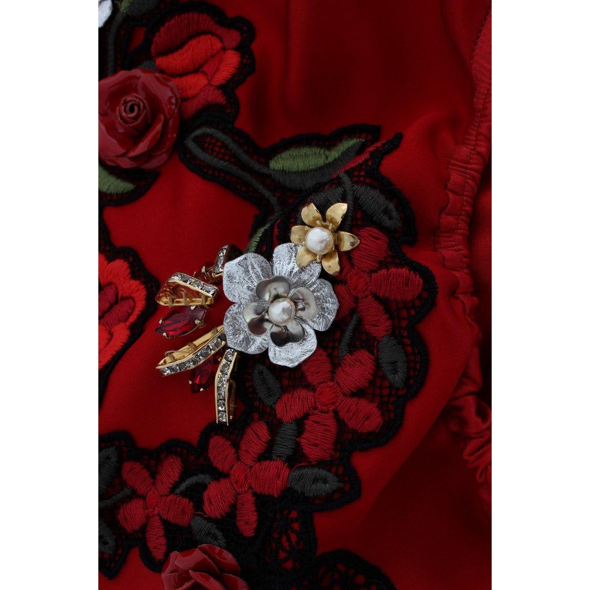 Dolce & Gabbana Red Silk Crystal Roses Shorts SIG20117-1