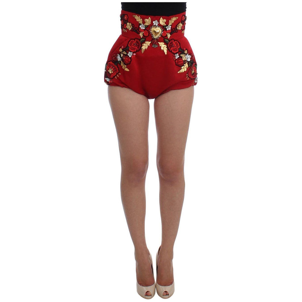 Dolce & Gabbana Red Silk Crystal Roses Shorts SIG20122-2