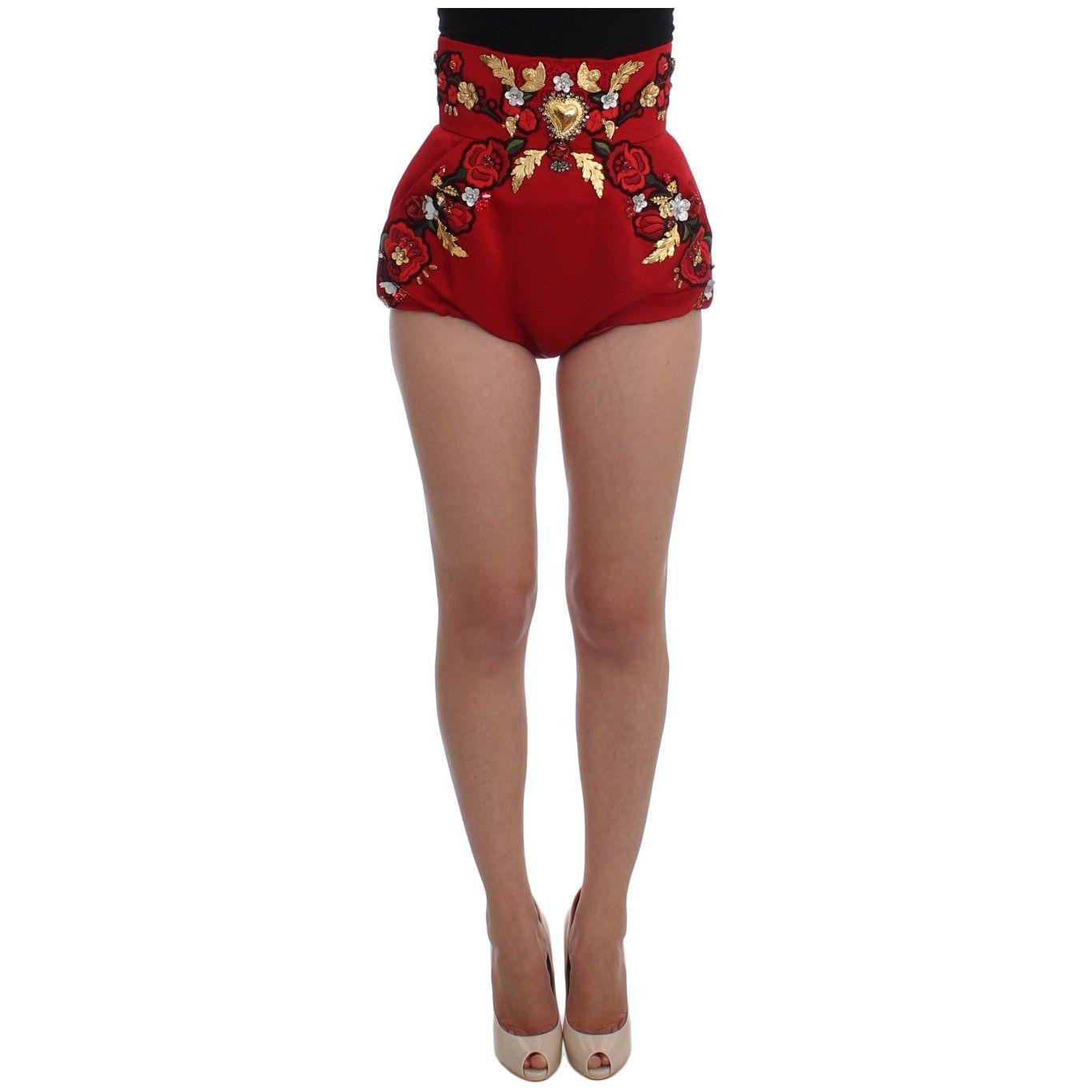 Dolce & Gabbana Red Silk Crystal Roses Shorts SIG20122-2