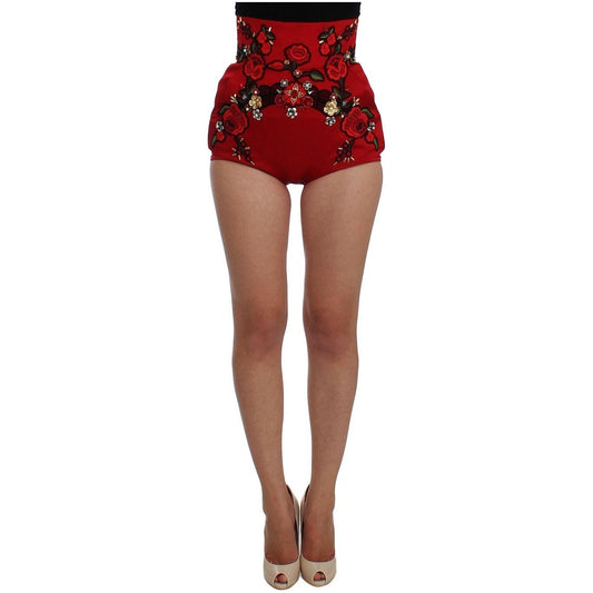 Dolce & Gabbana Red Silk Crystal Roses Shorts SIG20126-1