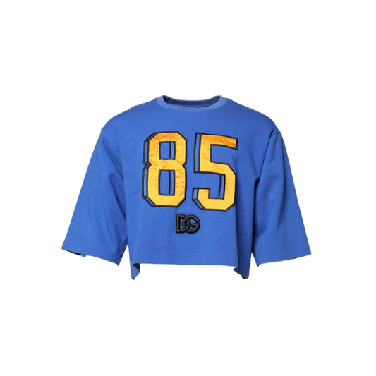 Dolce & Gabbana Blue Printed Cotton Cropped Crew Neck T-shirt TSH90310-50