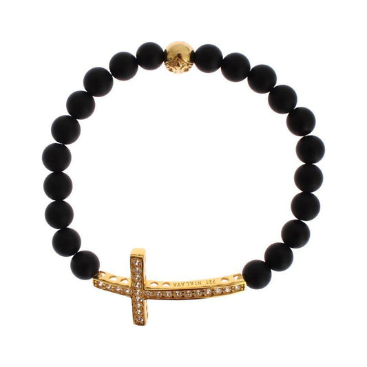 Nialaya Matte Onyx Stone Gold CZ Cross 925 Silver Bracelet 1728,67345645728,Accessories,Black,Bracelets - Jewellery - Accessories,Bracelets - Women - Jewelry,Category - Jewellery,Jewellery - Accessories,Jewelry,M,Material: Gold plated 925 Sterling Silver,