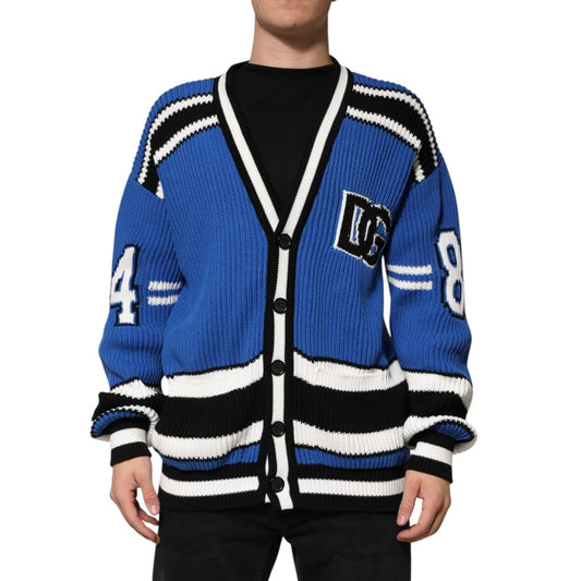 Dolce & Gabbana Blue Cotton Logo Patch Ribbed Knit Cardigan Sweater TSH90589-L