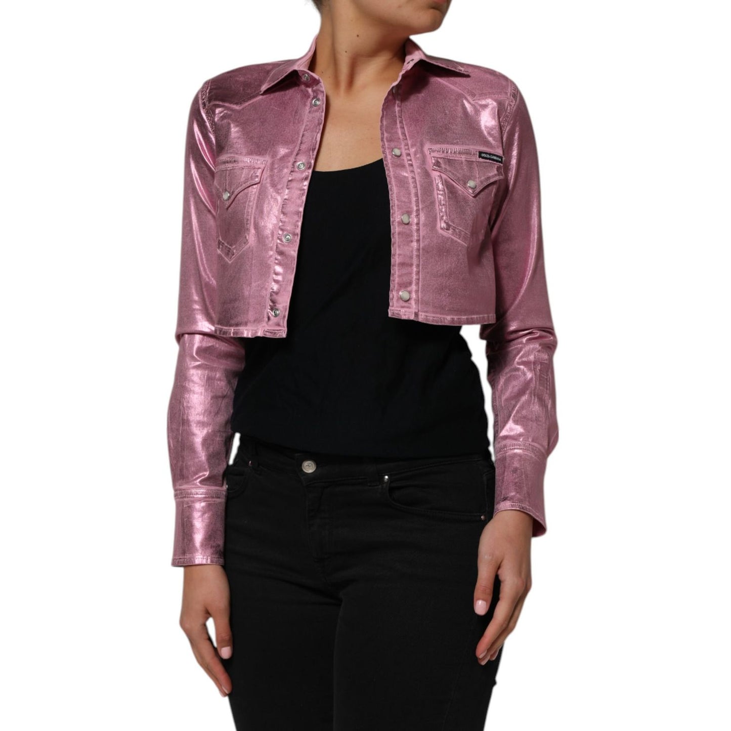Dolce & Gabbana Pink Cotton Stretch Collared Cropped Jacket 1728,67345645728,Cloaks - Jackets & Coats - Clothing,Clothing,Dolce & Gabbana,IT36|XXS,Jackets & Coats - Clothing,Material: 96% Cotton 4% Elastane,Pink,Preowned / Defect,Women