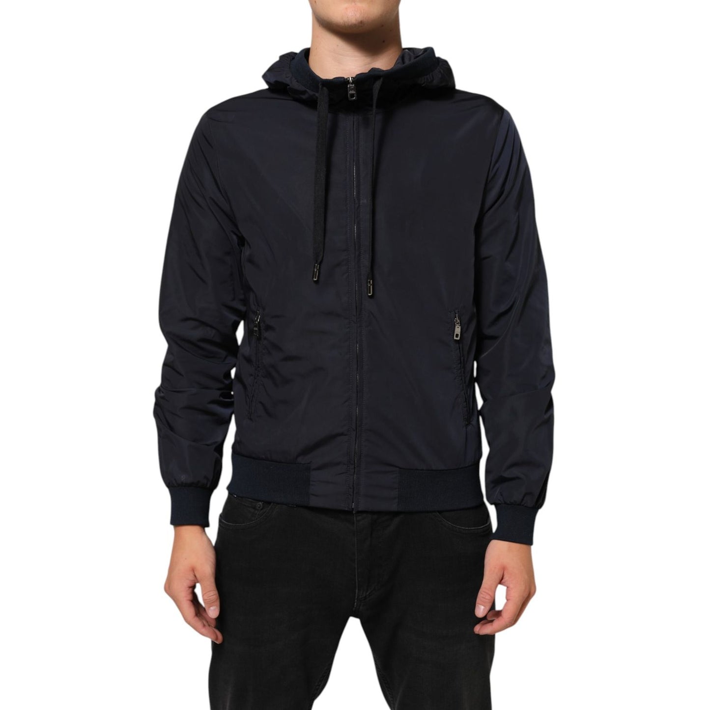 Dolce & Gabbana Blue Logo Tape Hooded Full Zip Bomber Jacket