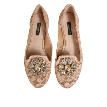 Dolce & Gabbana Beige Taormina Lace Crystals Flats Shoes Dolce & Gabbana