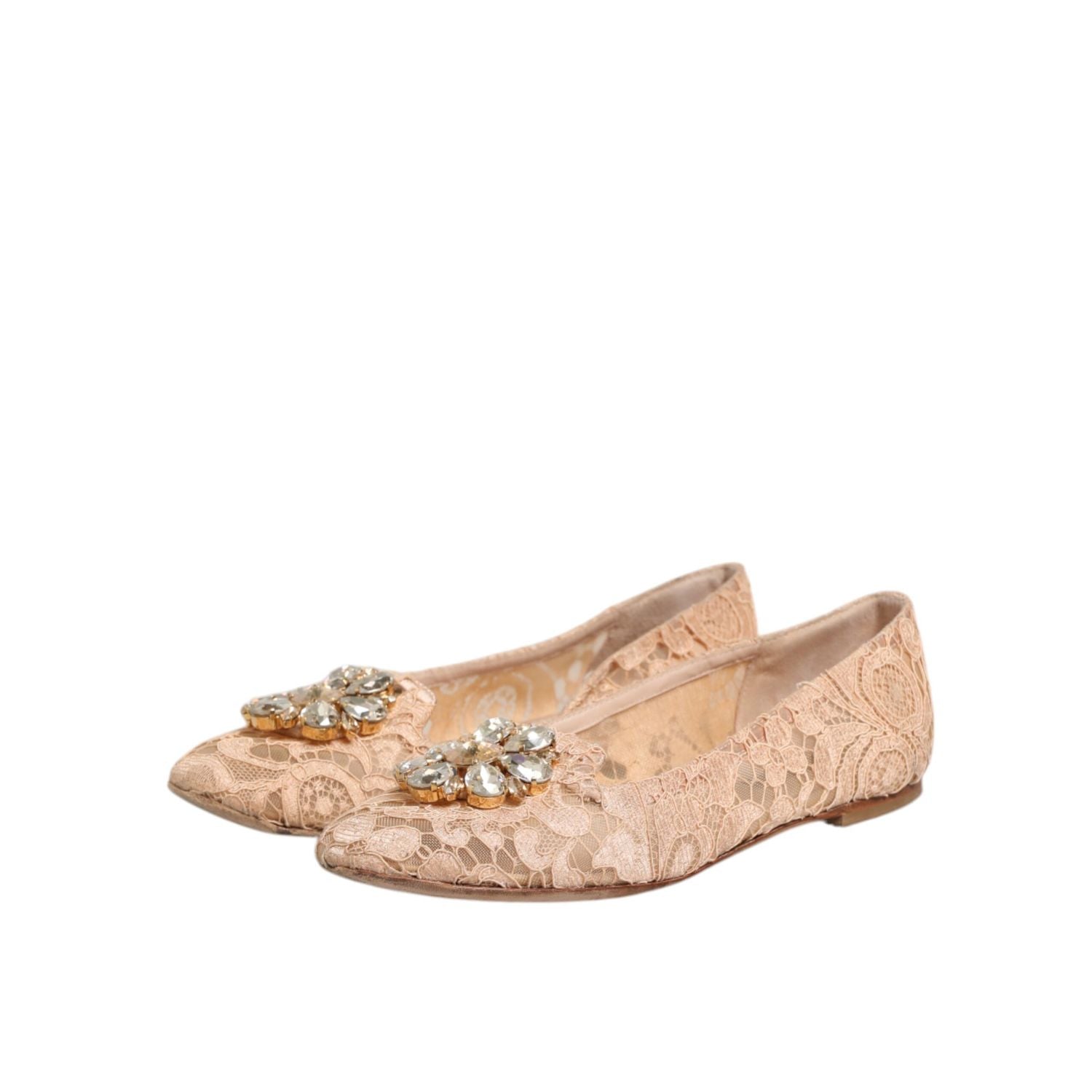 Dolce & Gabbana Beige Taormina Lace Crystals Flats Shoes