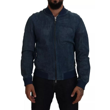Dolce & Gabbana Blue Leather Perforated Full Zip Jacket Dolce & Gabbana