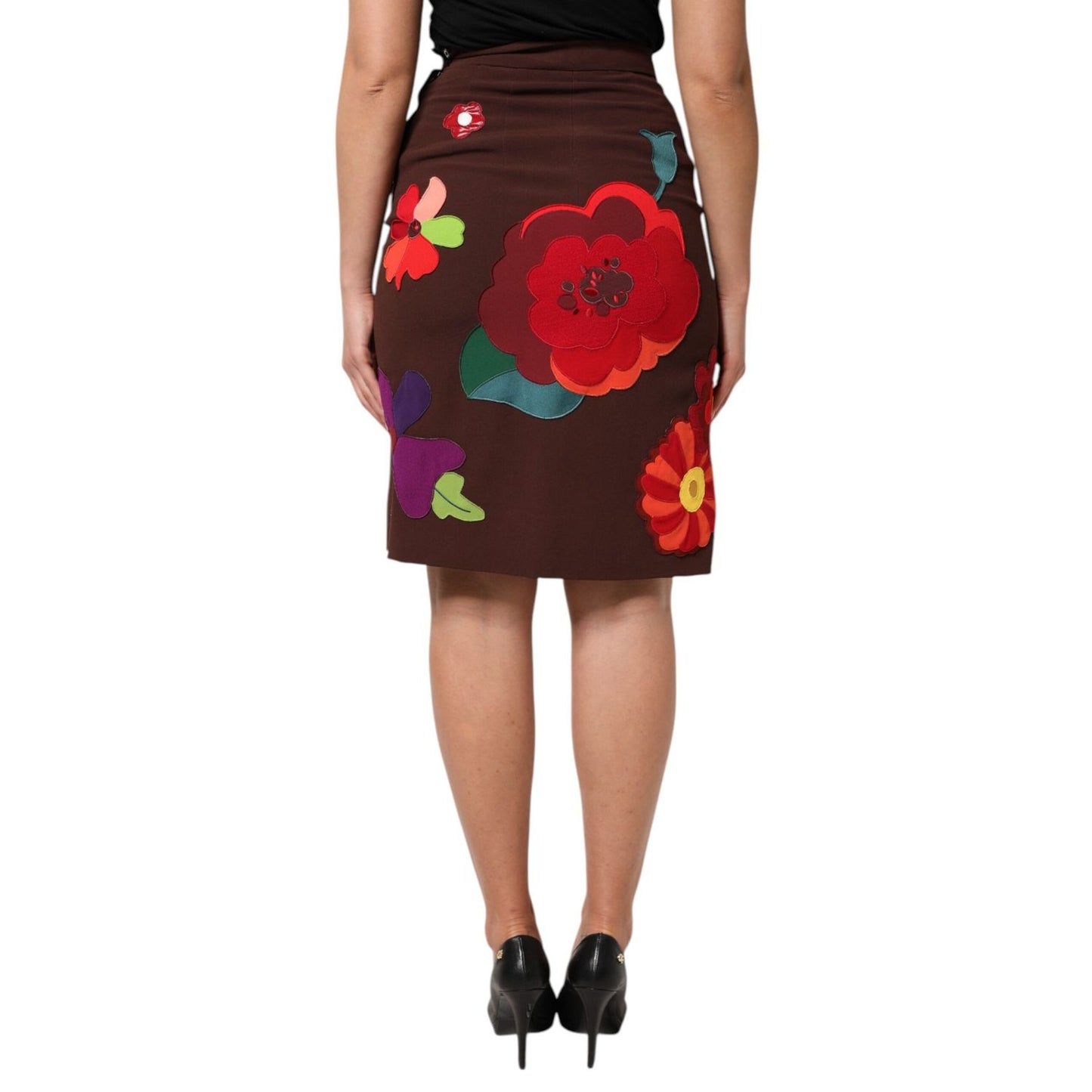 Dolce & Gabbana Brown Floral High Waist Side Slit Skirt