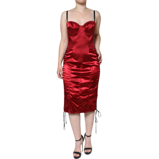 Dolce & Gabbana Red Bustier Corset Lace Bodycon Midi Dress DR281208-44