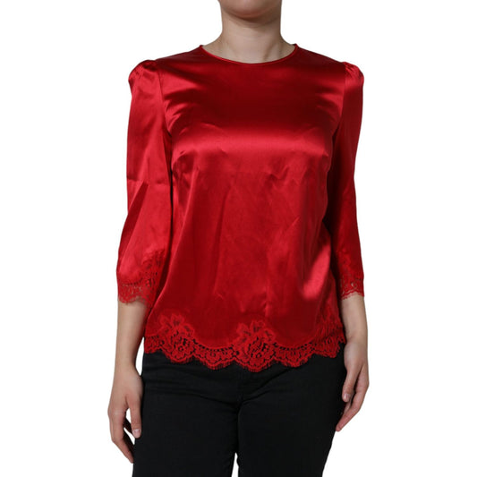 Dolce & Gabbana Red Satin Lace Trim Round Neck Blouse Top TSH86551-40
