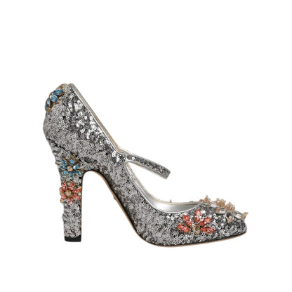 Dolce & Gabbana Silver Sequin Crystal Mary Janes Pumps Shoes Dolce & Gabbana